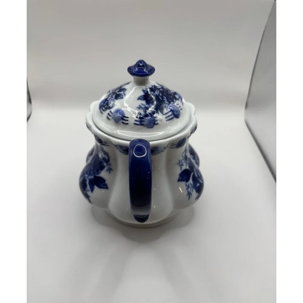 Tea Pot Scalloped Rim Flowered Porcelain, Cobalt Blue And White Cottage Granny